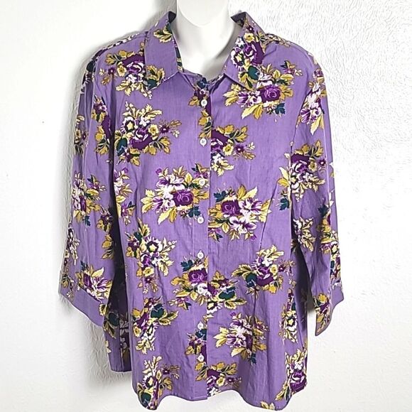 Chadwicks Purple Buttondown Blouse with Purple & Gold Flowers,  Size 18 - Picture 1 of 8